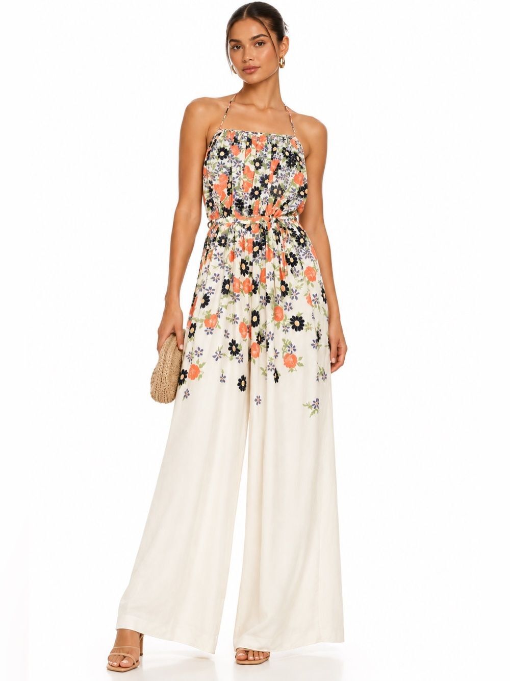 ANTHROPOLOGIE ELEVENSES Floral Spaghetti-Strap Jumpsuit in Cream and Coral US8